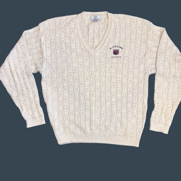 Blackhawk Hockey Sweater Mens Medium Beige Cotton Knit V Neck Gear Sports - Picture 8 of 9